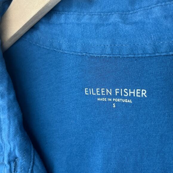 EILEEN FISHER Top S Organic Cotton Jersey Shirt Button Up Roll Tab Sleeve Blue - Picture 5 of 16